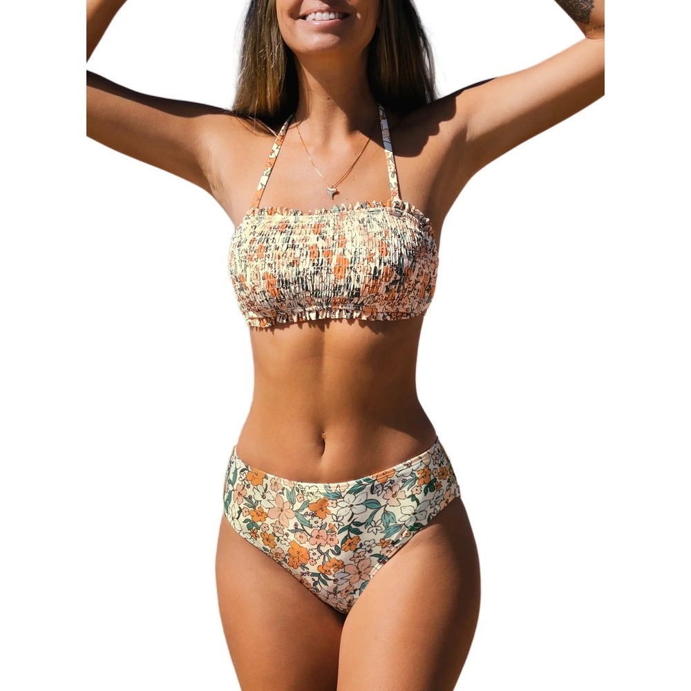 Cupshe Womens Floral Smocked Bandeau Halter Bikini Set High Waist Size S